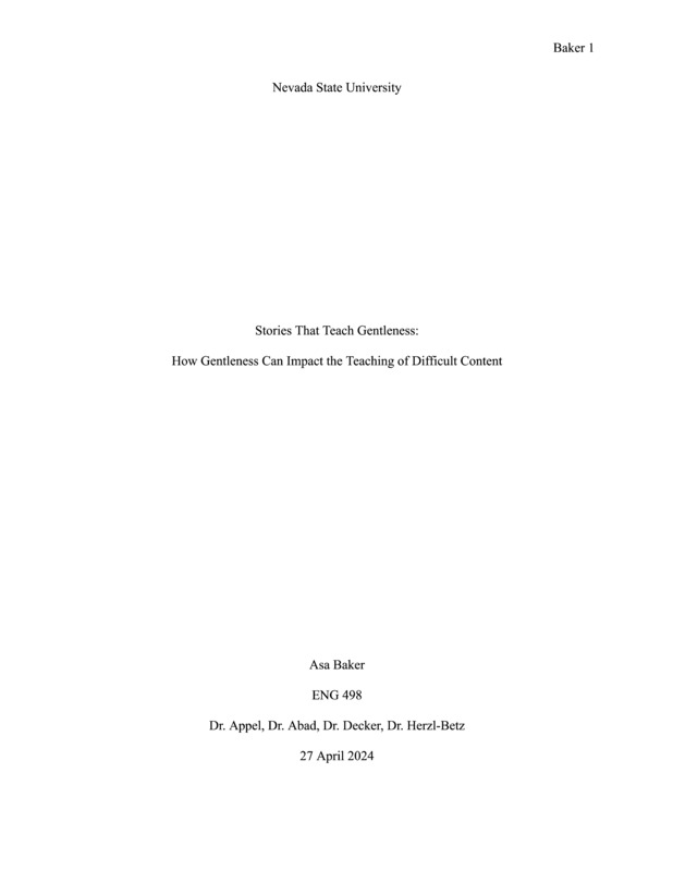 Introduction: "This thesis aims to examine how storytellers with trauma are telling their audiences how to care for their stories and how approaching these stories in the classroom, while important, needs to be done with a sense of gentleness for all involved. To do this, Carol Gilligan's In a Human Voice, Syvlia Wynter's On Being Human as Praxis, and Sarah Truman's "Inhuman literacies and affective refusals" will be used as theoretical frames to examine Hannah Gadsby's Nannette and my poetry within these concepts. . . . "