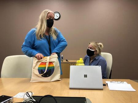 Allie bowler (right) with her advisor, Joanna Shearer (left), at her thesis defense.