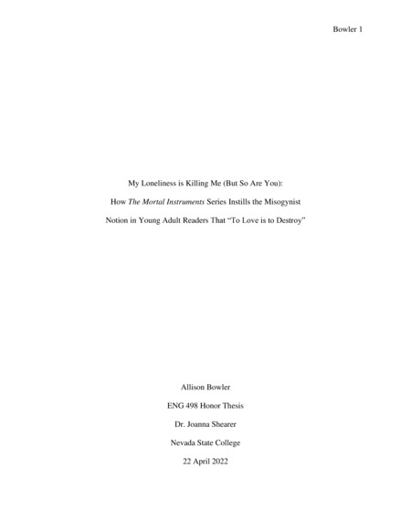 Abstract: Some of the most tumultuous years of a person’s life happen during adolescence, and young adult (YA) series like The Mortal Instruments by Cassandra Clare can often portray love as needing pain, sacrifice, or trauma to make it worthwhile. However, this depiction of the ideal adolescent romance often instills in young readers’ minds that violence—physical as well as verbal—within a relationship is a sign of adoration and devotion instead of the “red flag” warning of abuse that it really is. Like many other authors writing similar stories for young adults, Clare claims that her series is “feminist” because of its leading female characters, but the presence and justification of these abusive relationships implies more internalized misogyny than the author may have originally realized and makes these stories far less feminist than they claim to be. In this essay, I explore how this harmful depiction of romantic relationships and pseudo-feminism in The Mortal Instruments series warp young readers’, especially young girls’, concepts of what heterosexual love is meant to look like.