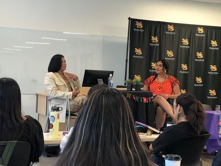 Giselle Gradilla interviewing author Prisca Dorcas Mojica Rodríguez